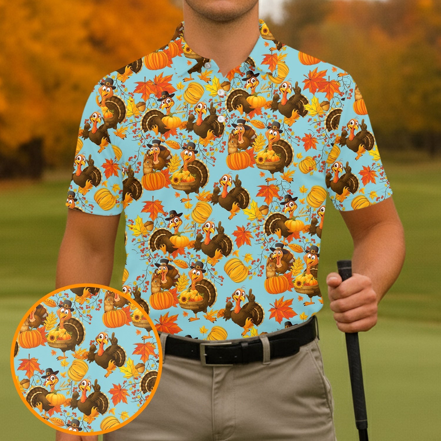 Turkey Pumpkin Thanksgiving Holiday Blue And Orange Polo Shirtor Men, Golf Gift For Men