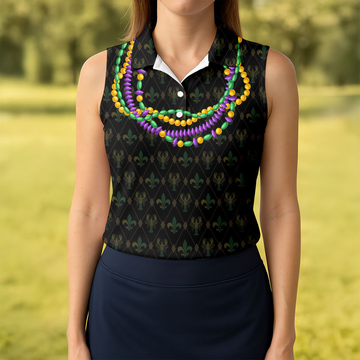 Mardi Gras Beads Chain Crawfish Fleur De Lis Black Golf Shirt, Women's Golf Tops, Ladies Golf Polos
