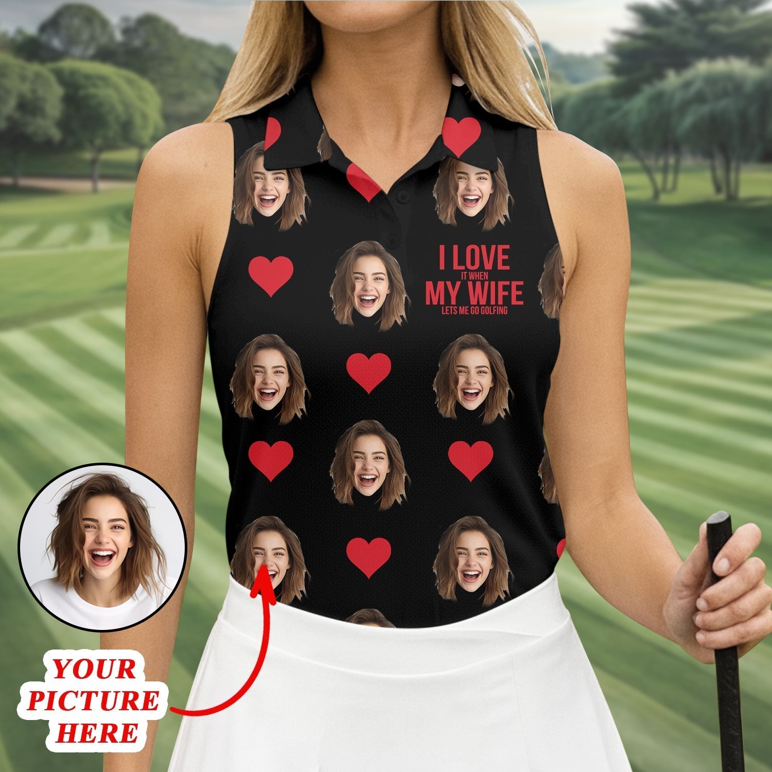 I Love My Wife Custom Photo Black Golf Shirt, Valentines Golf Gift, Women Golf Top, Ladies Golf Polos