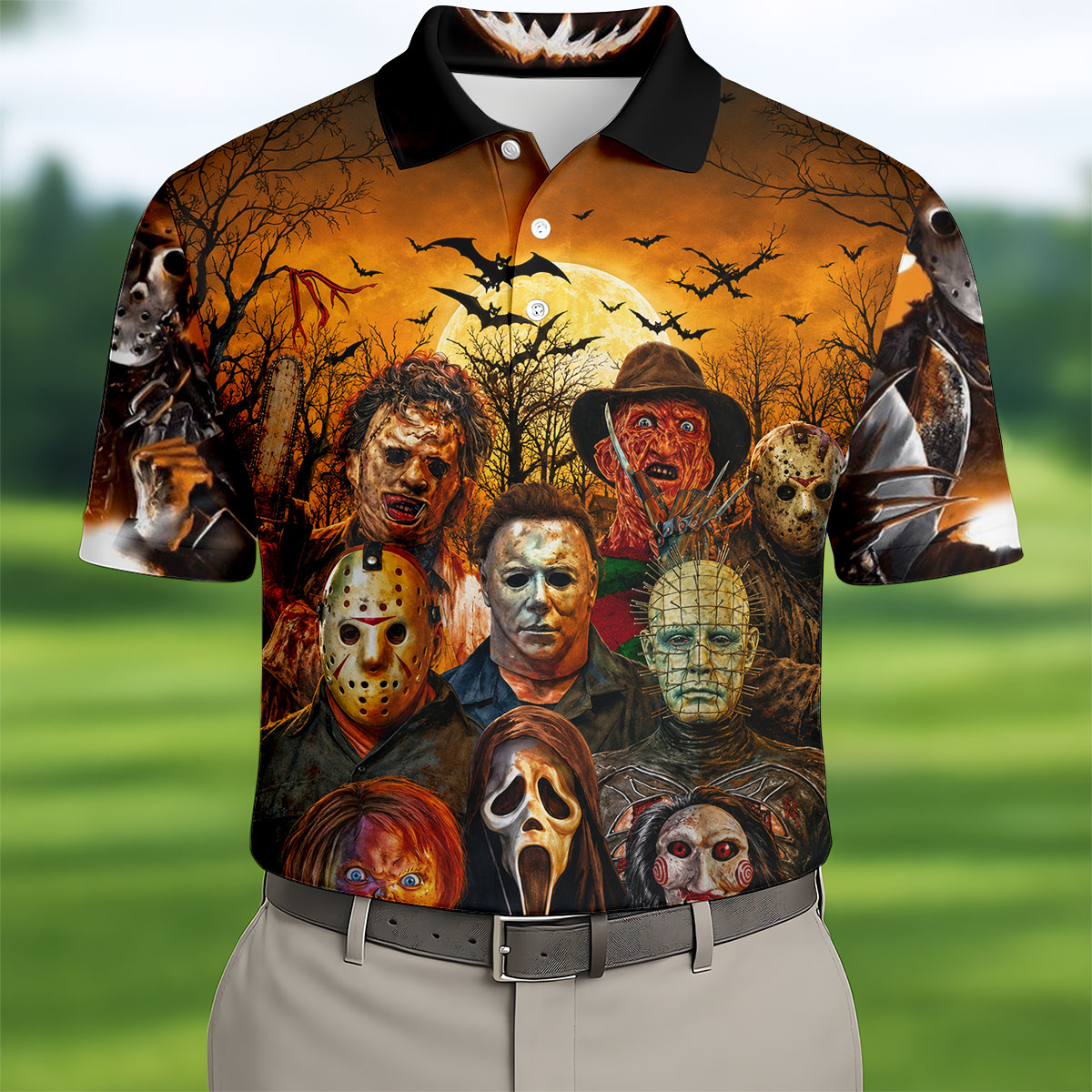 Halloween Horror Character Hawaiian Golf Shirt, Mens Golf Shirts, Golf Apparel For Men