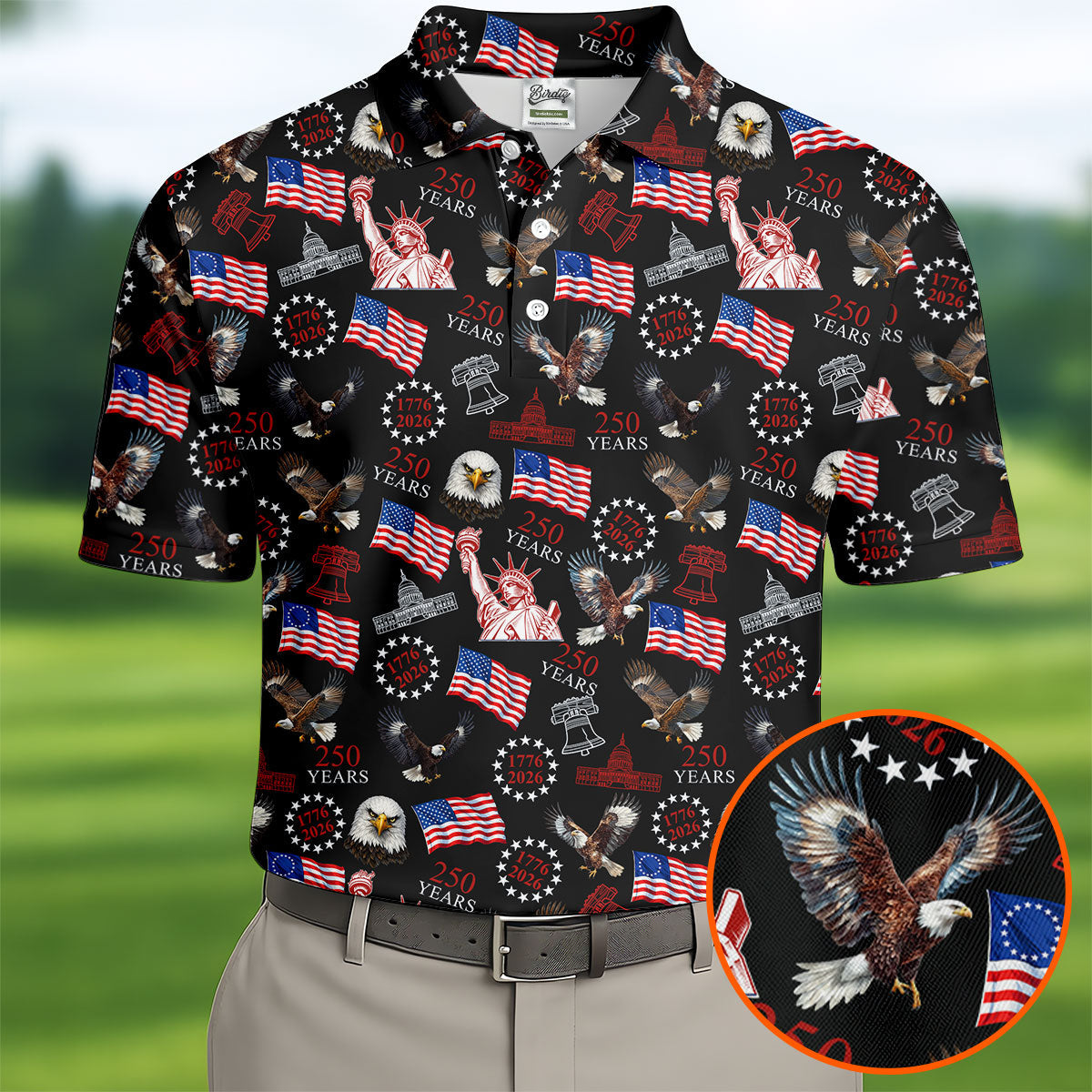 250 Years American Symbol Patriotic Pattern Black Golf Shirt, 4th Of July Golf Shirt, Golf Shirts For Men