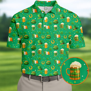 St Patrick's Day Pot Of Gold Leprechaun Hats Irish Flag Golf Tops For Men, Golf Gift For Men, Golf Shirts For Men