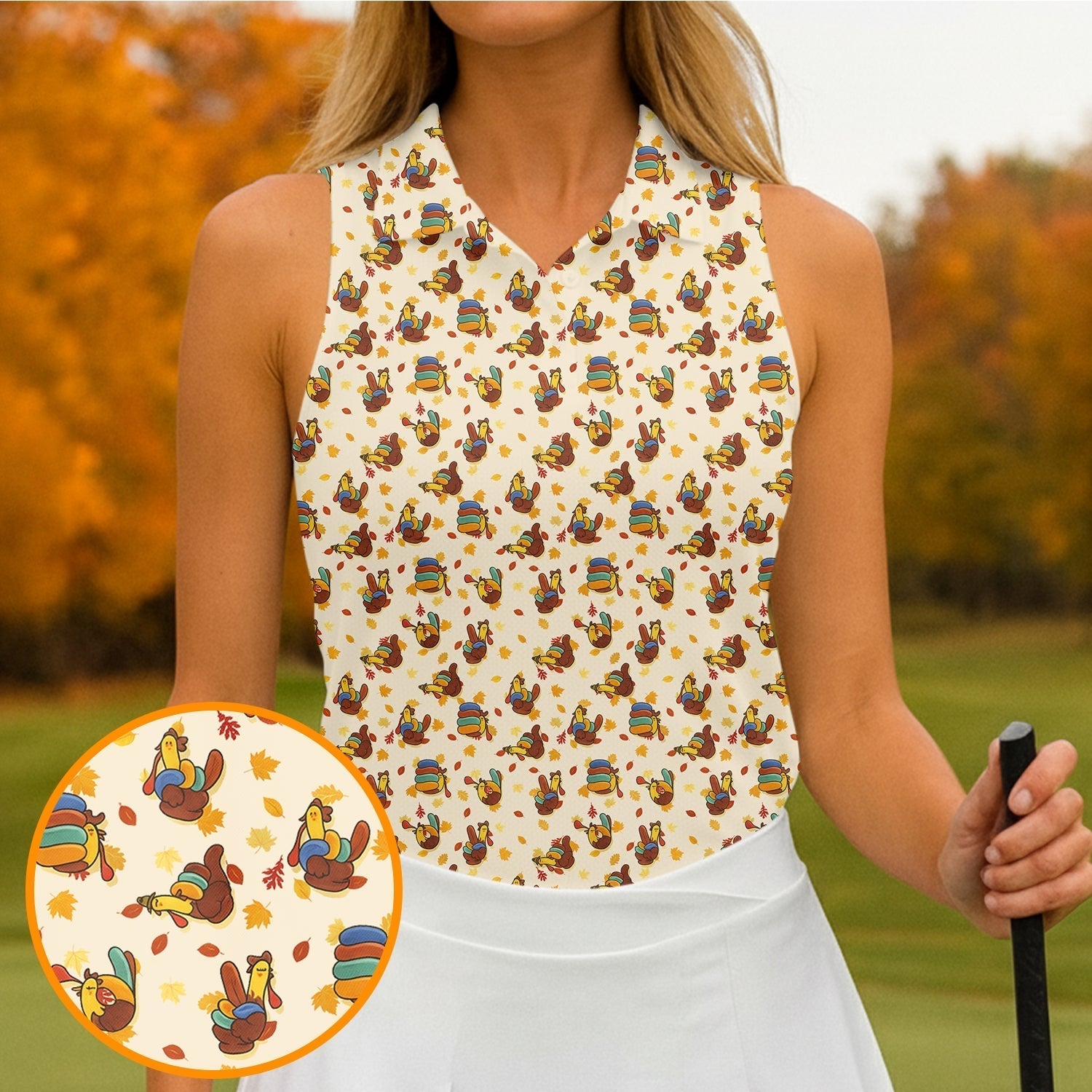 Funny Thanksgiving Pumpkin Autumn Leaf Polo ShirtWomen's Golf Tops, Ladies Golf Shirts, Golfing Apparel