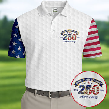250th Anniversary Golf Ball Pattern White Golf Shirt, Patriotic 4th Of July Golf Shirt, Golf Shirts For Men