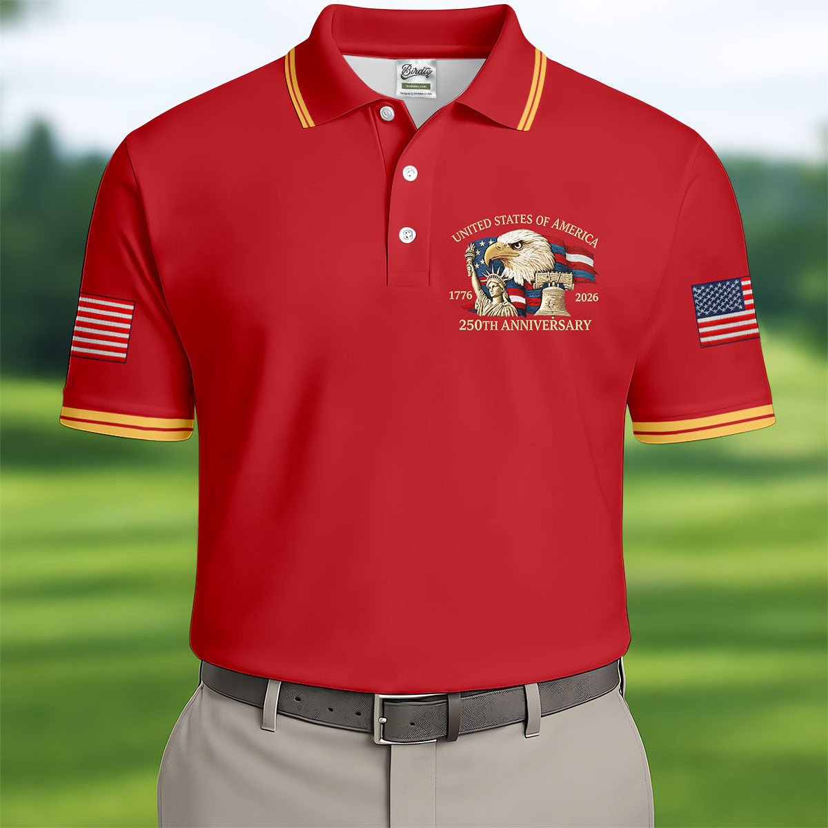 Bald Eagle American Flag 250 Years Red Golf Shirt, Patriotic 4th Of July Golf Shirts For Men