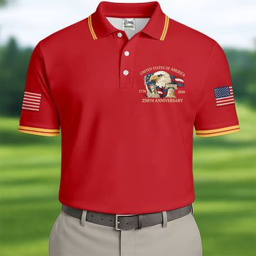 Bald Eagle American Flag 250 Years Red Golf Shirt, Patriotic 4th Of July Golf Shirts For Men