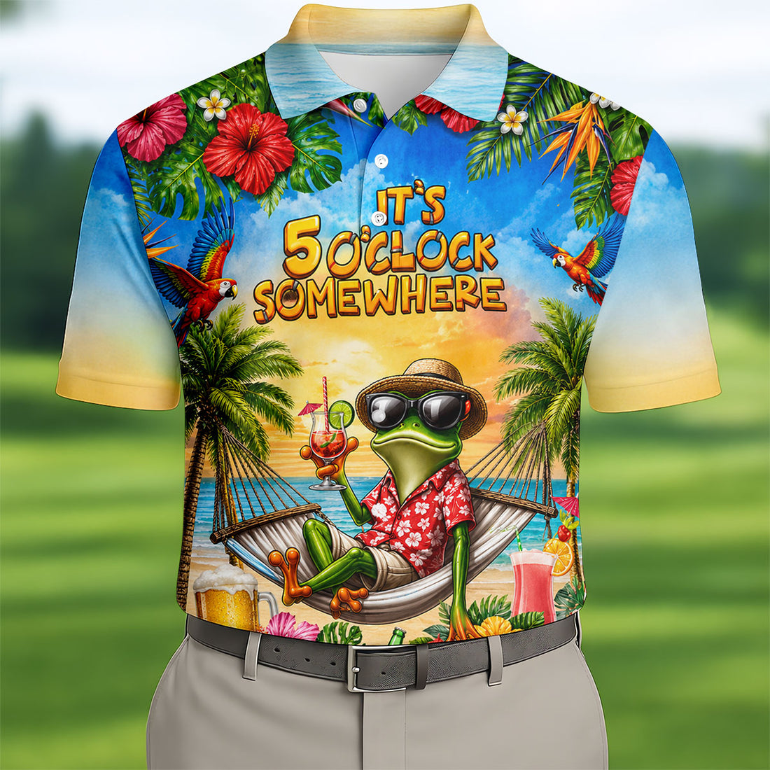Frog Hammock 5 Oclock Somewhere Tropical Golf Shirt, Golf Shirts For Men, Mens Golf Apparel