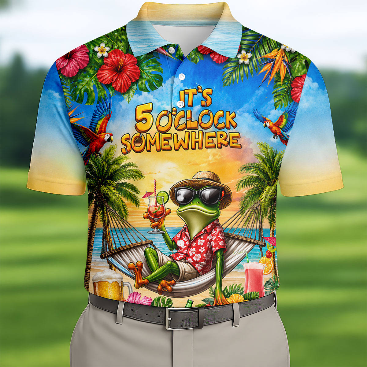 Frog Hammock 5 Oclock Somewhere Tropical Golf Shirt, Golf Shirts For Men, Mens Golf Apparel