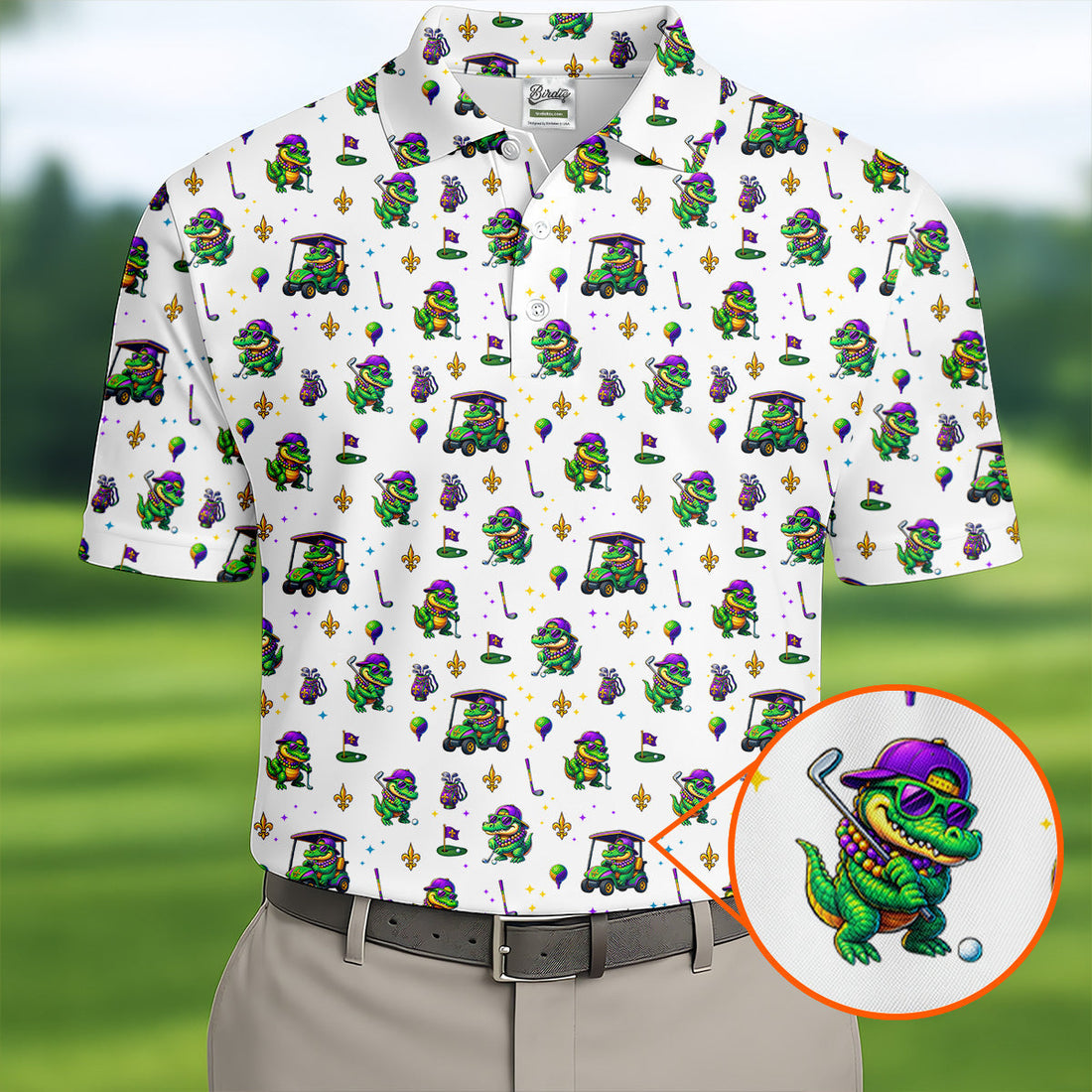 Funny Crocodile Golfing Mardi Gras Golf Shirts, White Golf Shirt, Golf Gift For Men, Golf Shirts For Men