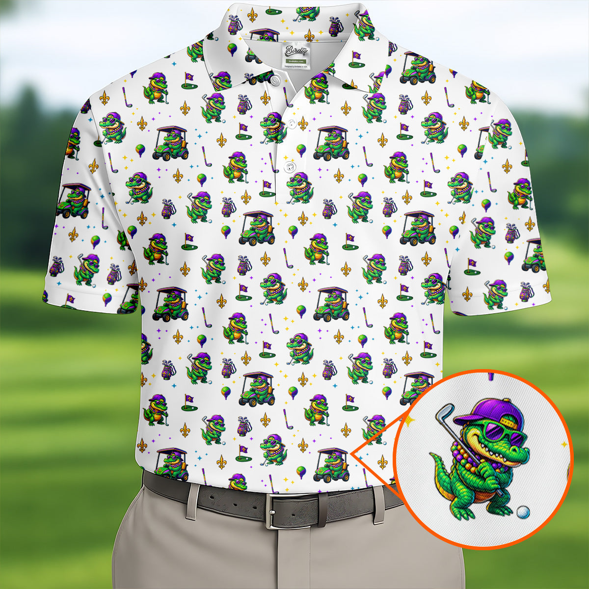 Funny Crocodile Golfing Mardi Gras Golf Shirts, White Golf Shirt, Golf Gift For Men, Golf Shirts For Men