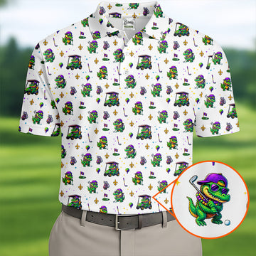 Funny Crocodile Golfing Mardi Gras Golf Shirts, White Golf Shirt, Golf Gift For Men, Golf Shirts For Men