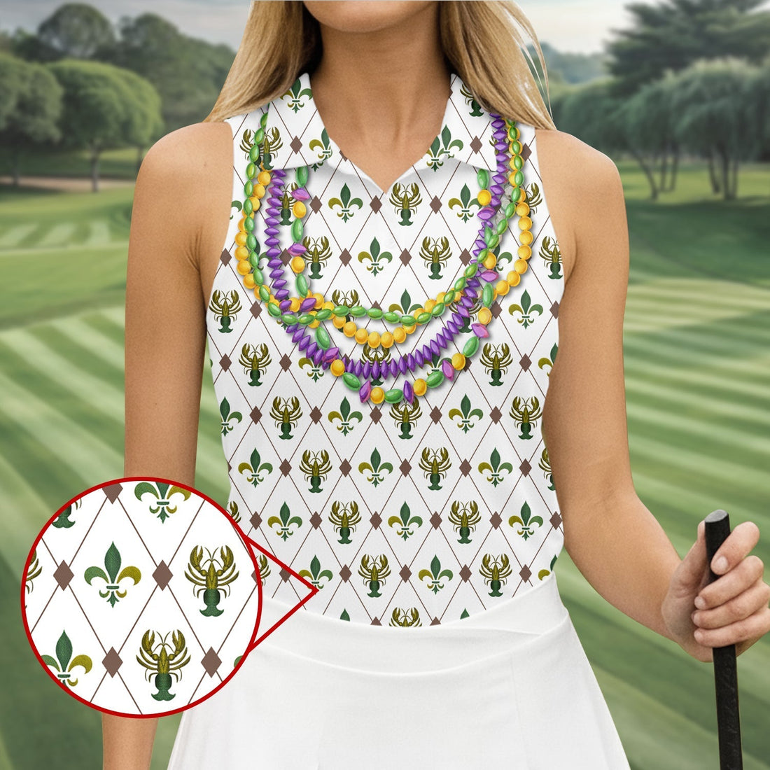 Mardi Gras Purple Green Gold Beads Chain Fleur De Lis Argyle Pattern White Golf Shirt, Women's Golf Tops