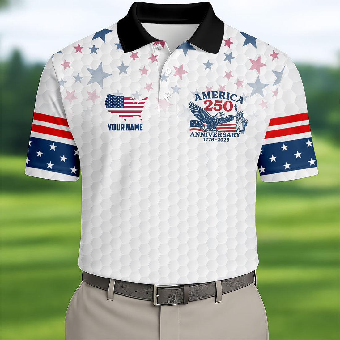 America 250th Anniversary Red White And Blue Stars White Golf Shirt, Patriotic 4th Of July Golf Shirts For Men