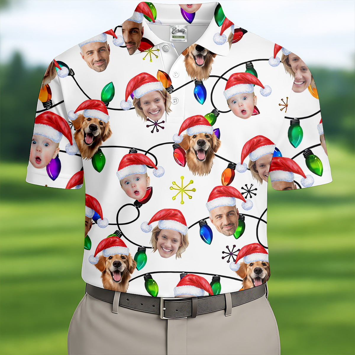 Custom Family Portrait Christmas Lights Pattern Men's Golf Polo Shirtristmas Golf Shirt, Golf Gift For Men