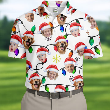 Custom Family Portrait Christmas Lights Pattern Men's Golf Polo Shirtristmas Golf Shirt, Golf Gift For Men