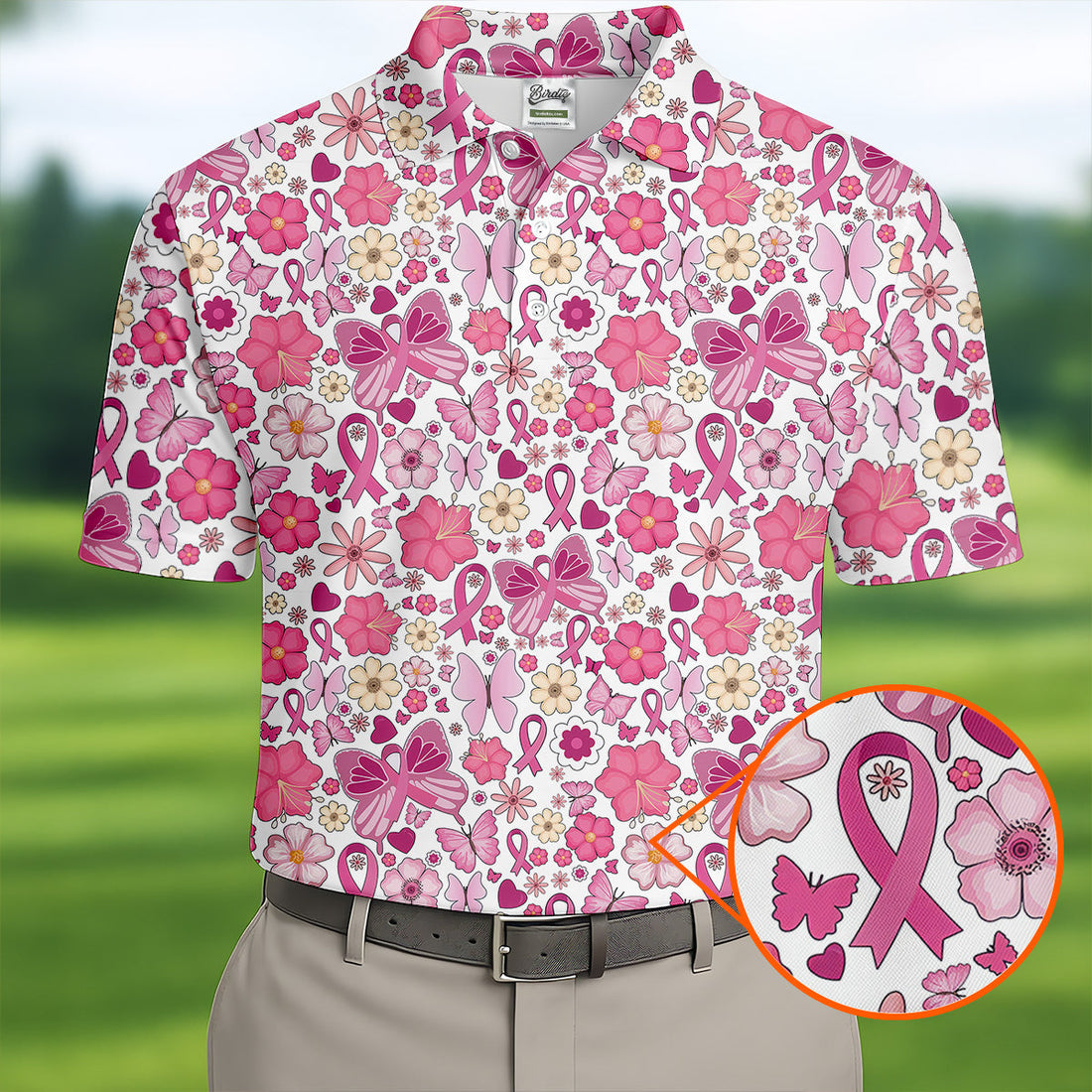 Breast Cancer Pink Ribbon Floral Golf Shirt, Cancer Awareness Shirt, Polo Shirtor Men, Golfing Apparel