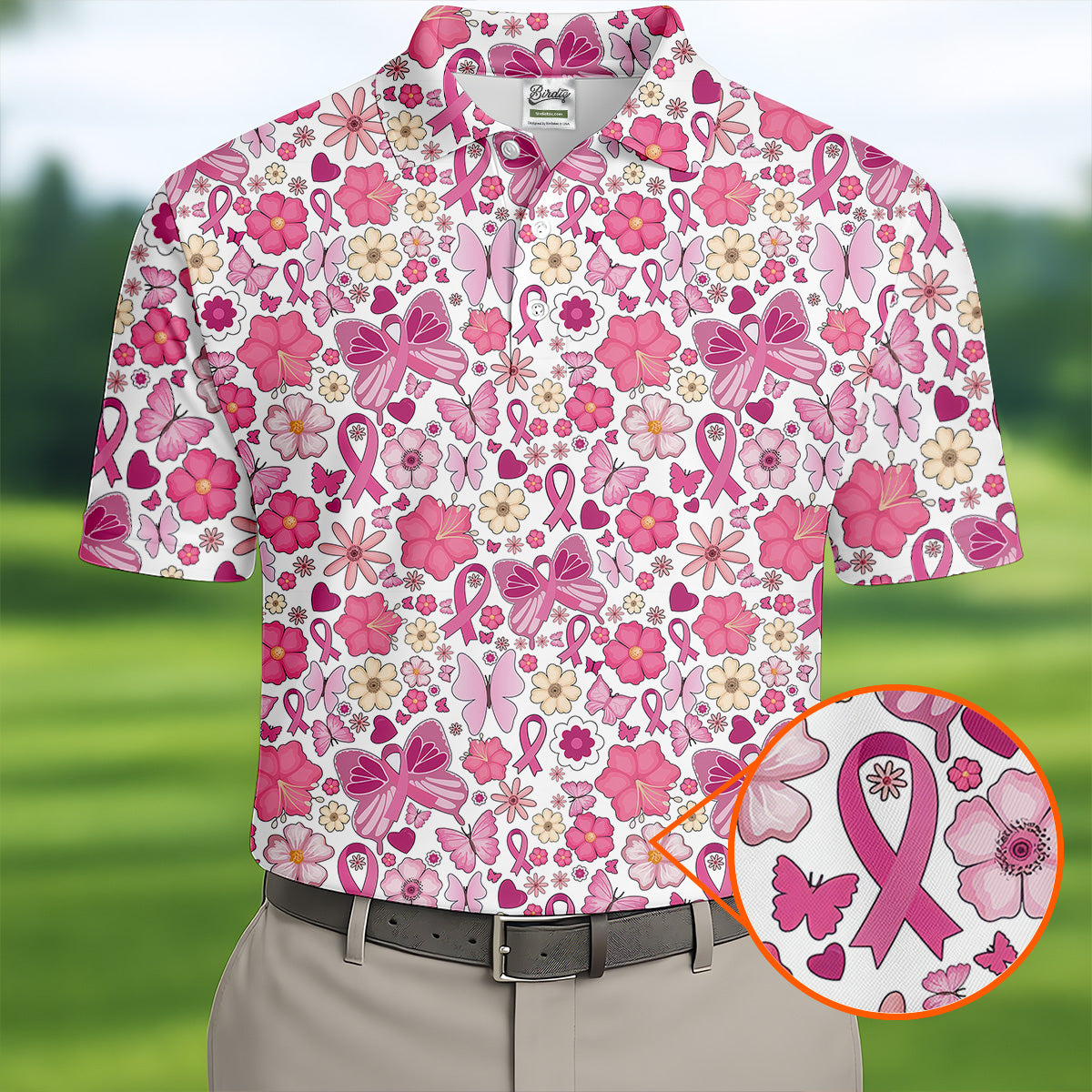Breast Cancer Pink Ribbon Floral Golf Shirt, Cancer Awareness Shirt, Polo Shirtor Men, Golfing Apparel