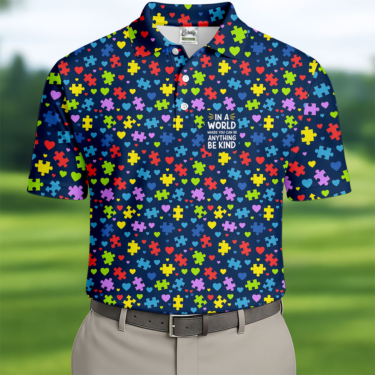 In A World Where You Can Be Anything Be Kind Autism Awareness Puzzle Pattern Navy Golf Shirt, Polo ShirtFor Men