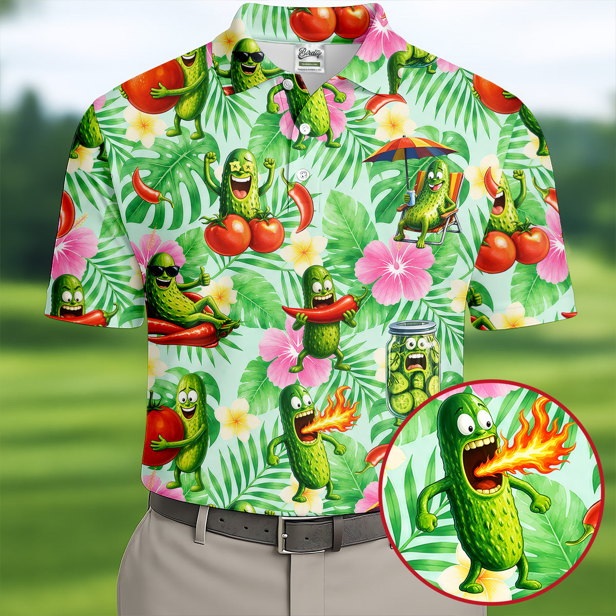 Funny Pickle Tomato Chili Tropical Hawaiian Golf Shirt, Mens Golf Polo, Printed Golf Shirts