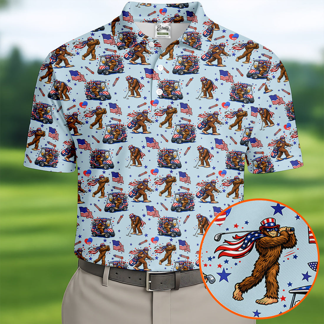 Funny Bigfoot 4th Of July American Flag Pattern Light Blue Golf Shirts For Men, 250th Anniversary Patriotic Golf Shirt