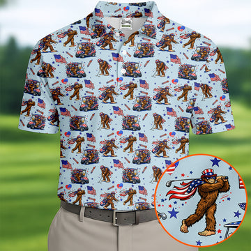 Funny Bigfoot 4th Of July American Flag Pattern Light Blue Golf Shirts For Men, 250th Anniversary Patriotic Golf Shirt