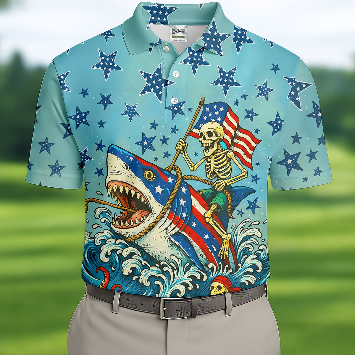 Skeleton Riding Shark Patriotic Golf Shirt, 4th Of July Golf Shirt, 250 Years Polo Shirtor Men