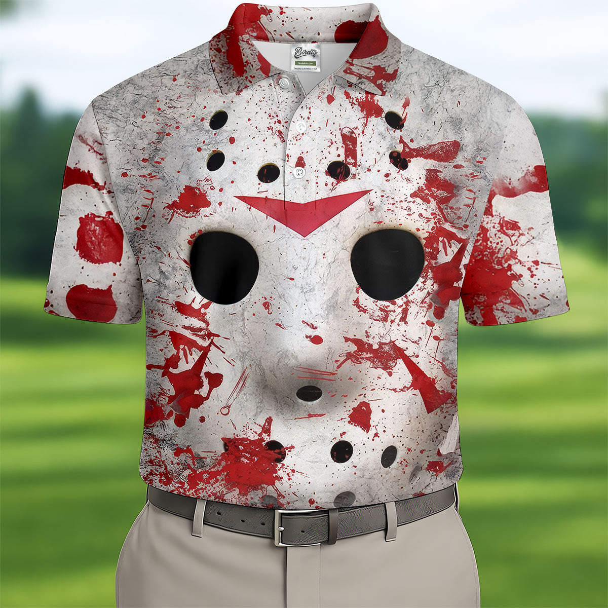 Creepy Mask Face Golf Tops For Men, Horror Character Cosplay Polo Shirtor Men, Halloween Golf Shirt