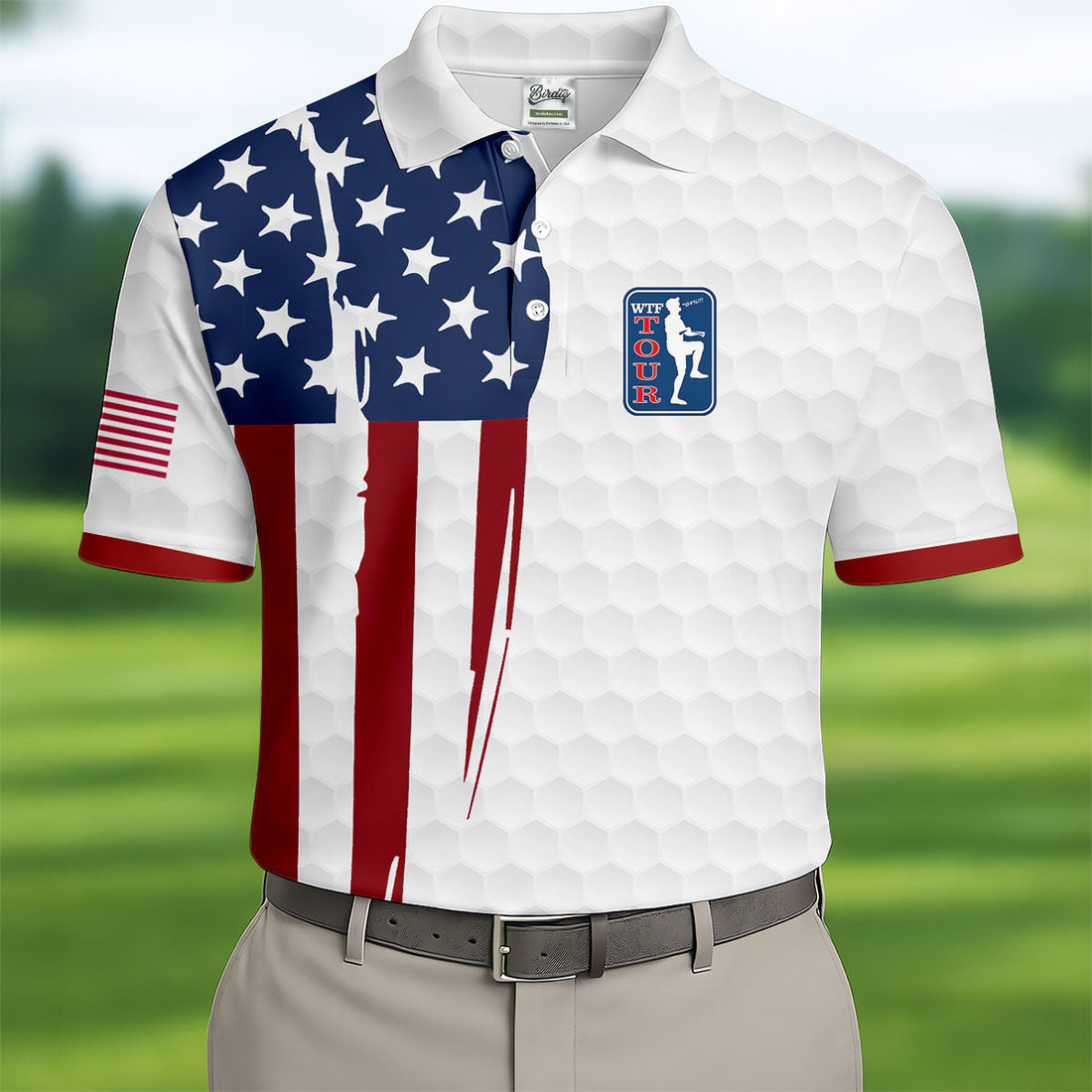 Golf Ball Pattern WTF Tour US Flag 4th Of July Patriotic Golf Shirt, 250th Anniversary Polo ShirtFor Men