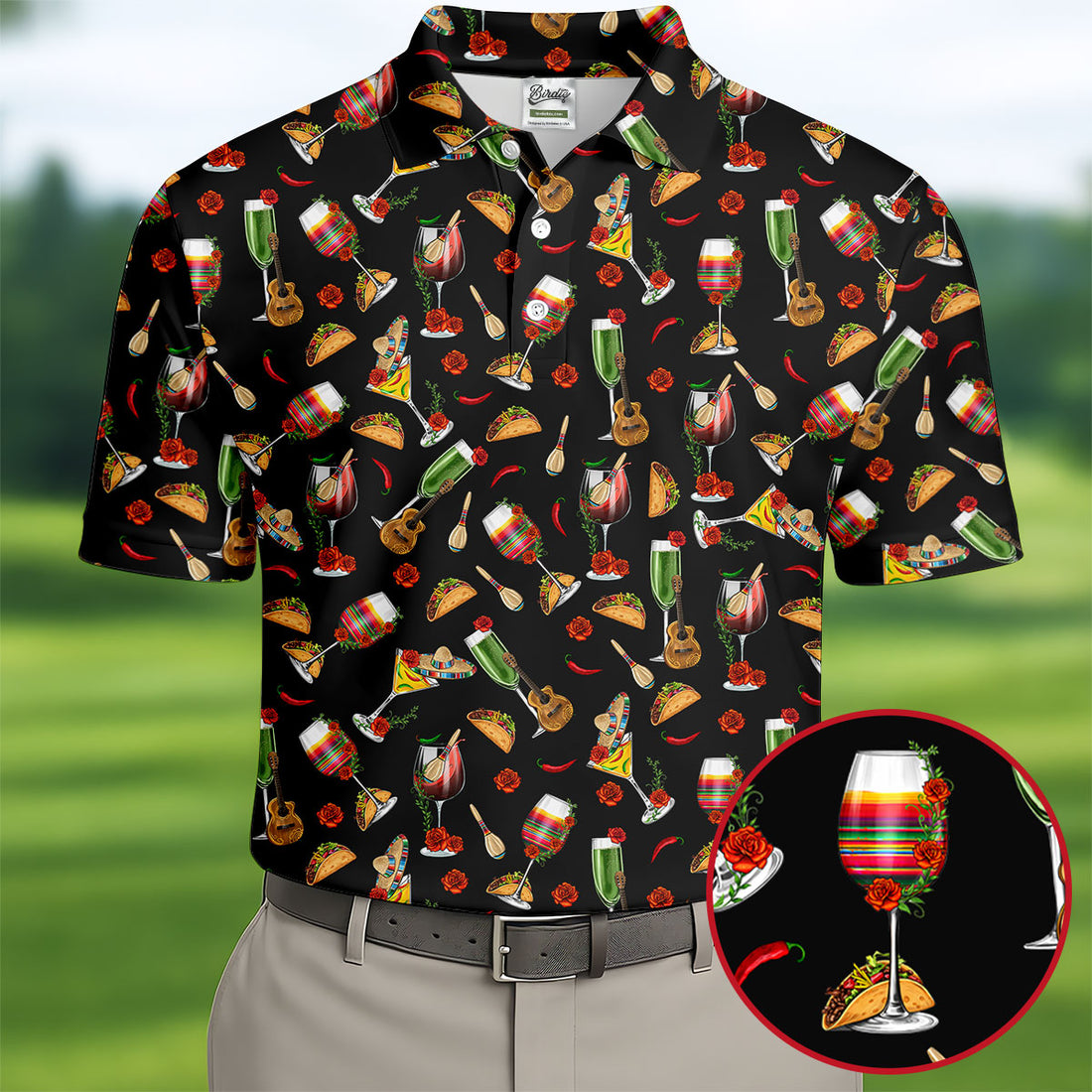 Traditional Mexican Taco And Wine Golf Tops For Men, Cinco De Mayo Celebration Golf Shirts For Men
