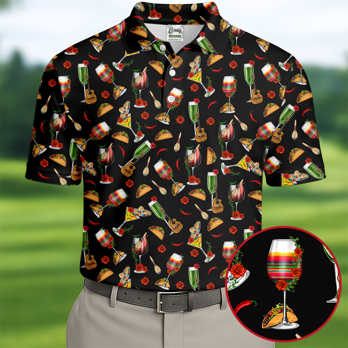 Traditional Mexican Taco And Wine Golf Tops For Men, Cinco De Mayo Celebration Golf Shirts For Men