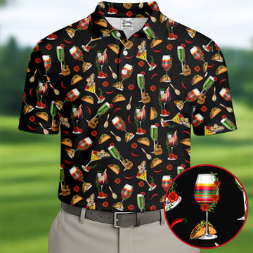 Traditional Mexican Taco And Wine Golf Tops For Men, Cinco De Mayo Celebration Golf Shirts For Men