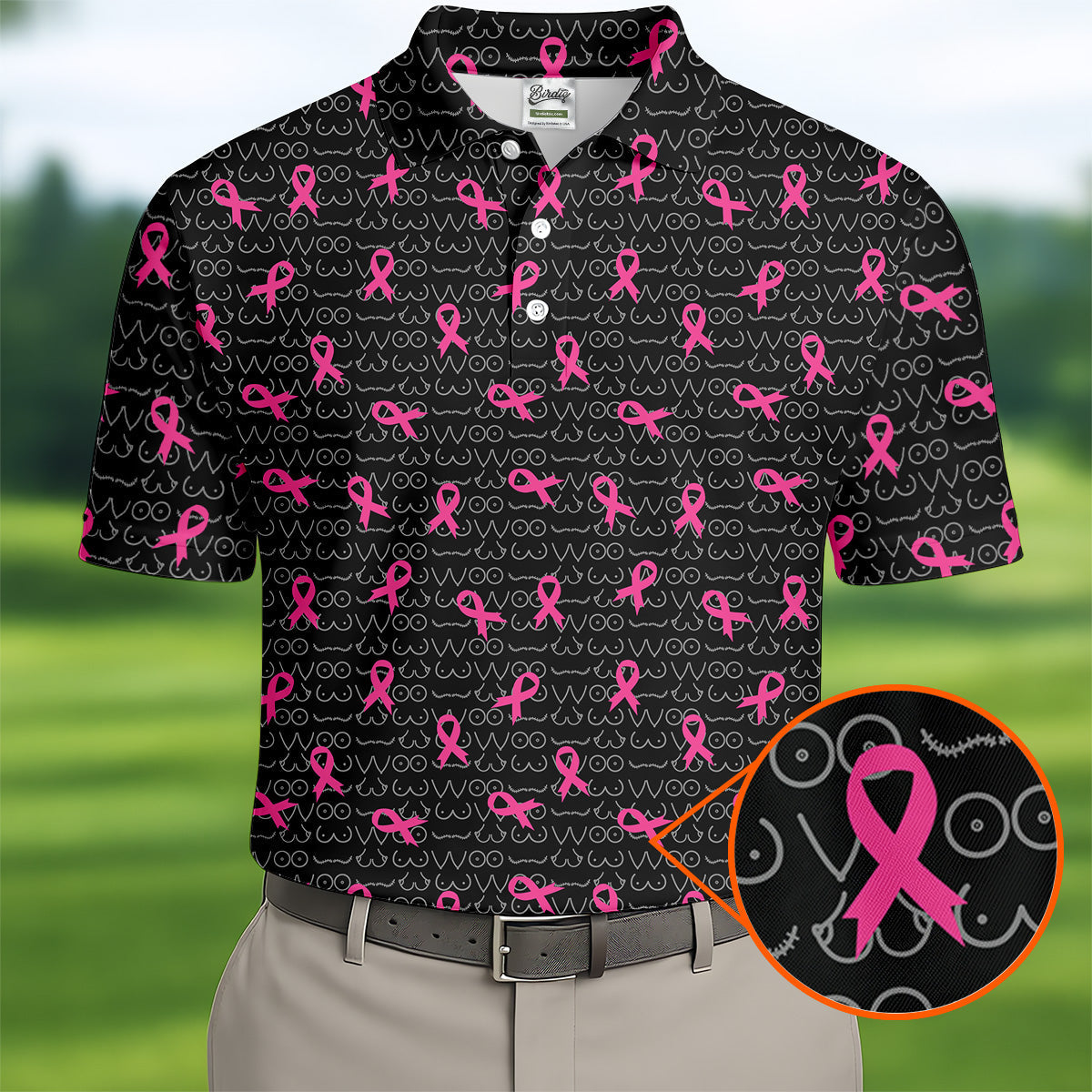 Black Golf Polo with Pink Ribbon, Men's Golf Polo ShirtBreast Cancer Awareness Shirt, Funny Golf Shirt