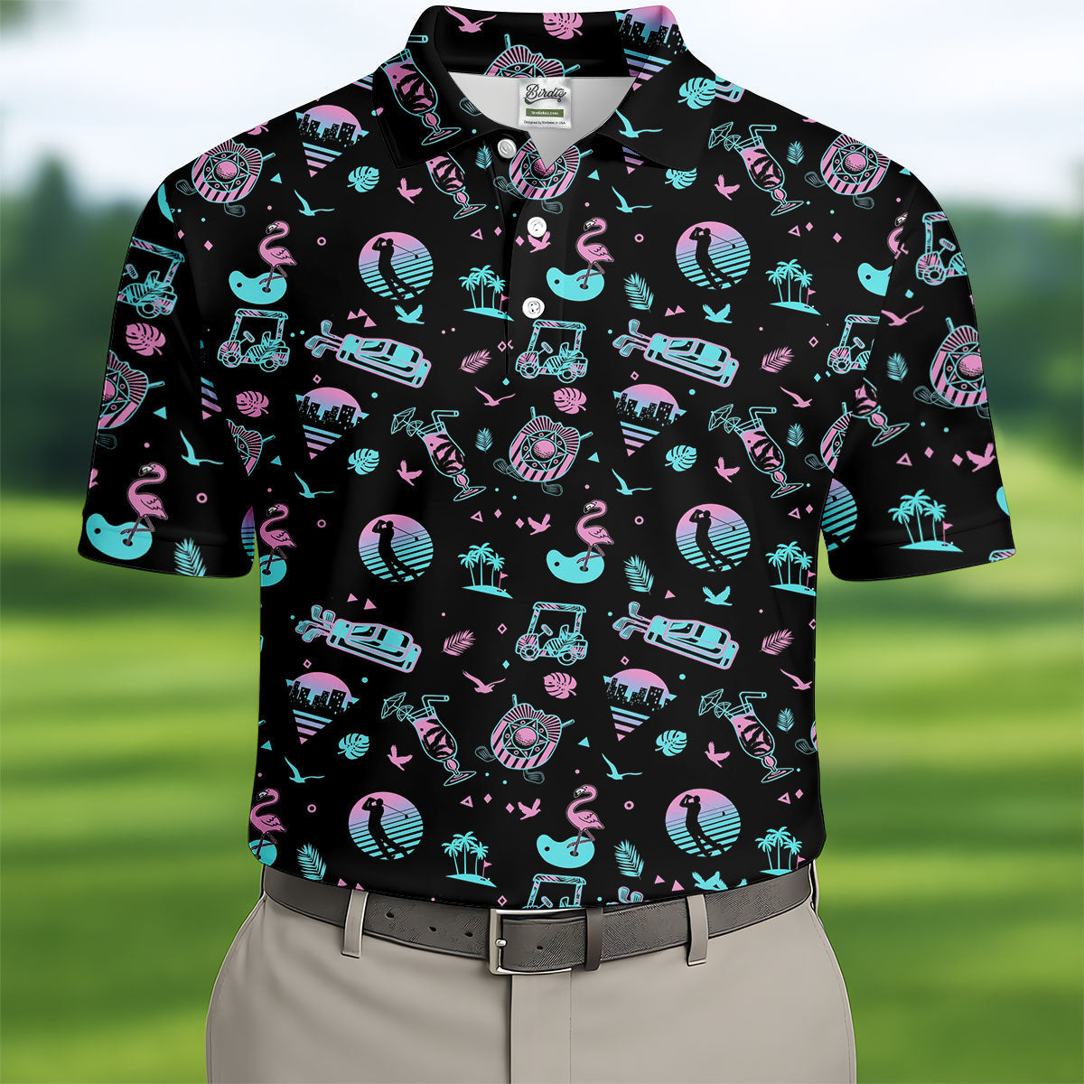 Flamingo Tropical Gradient Colors Retro Golf Shirt, Golf Tops For Men, Golf Shirts For Men