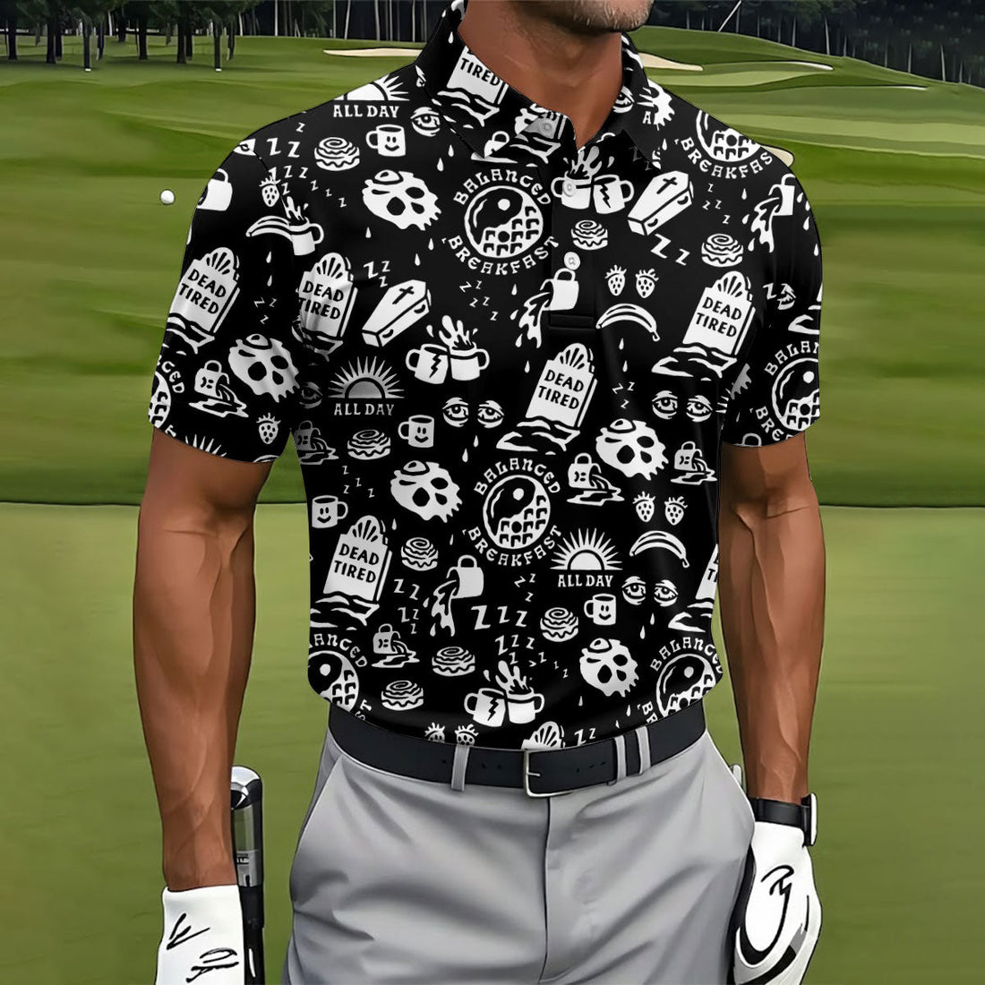 Dead Tired Coffee Breakfast Pattern Golf Shirt, Men's Golf Shirt, Golf Polo Shirts For Men