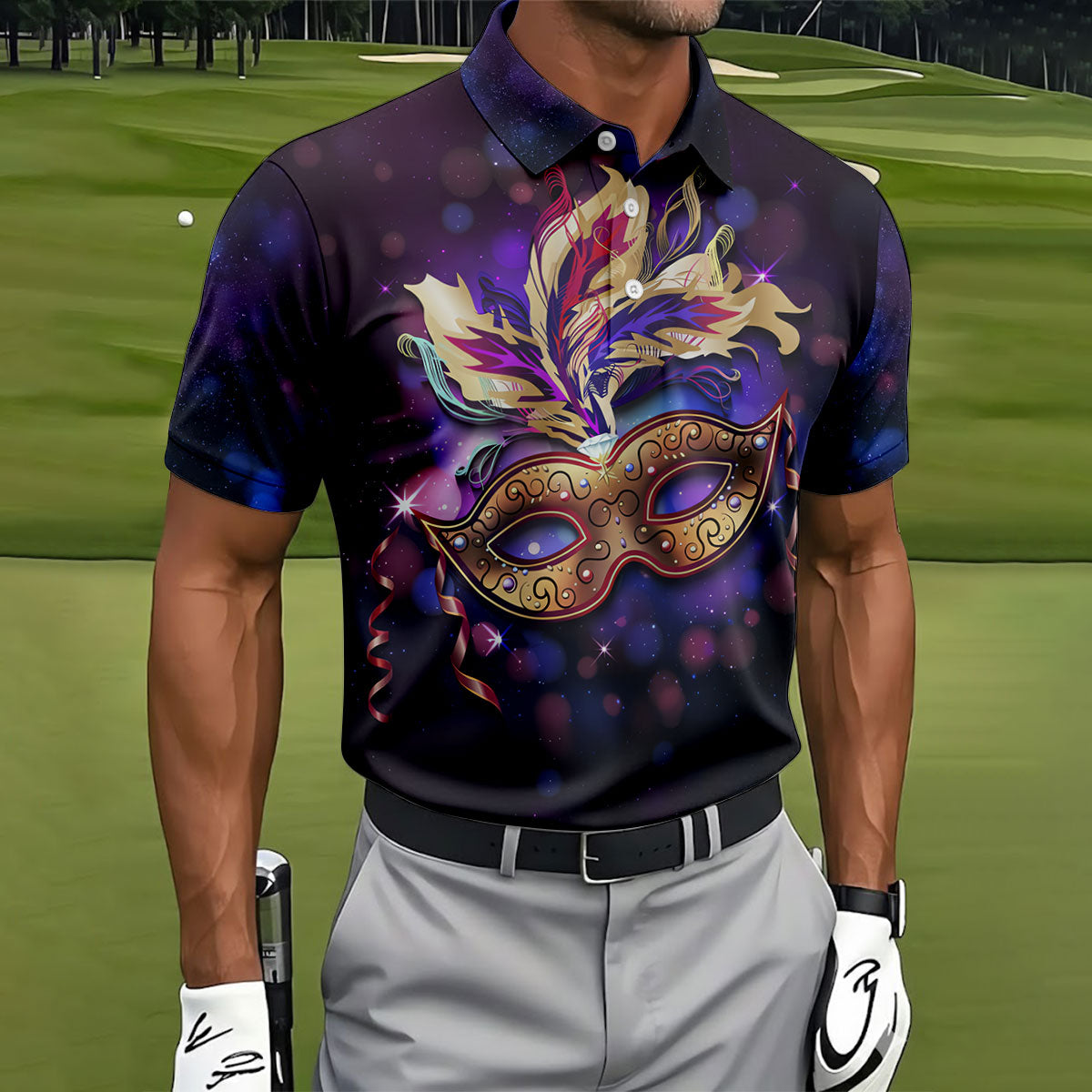 Mardi Gras Mask Feather Ribbon Purple Golf Shirt, Polo ShirtFor Men, Golf Shirts For Men