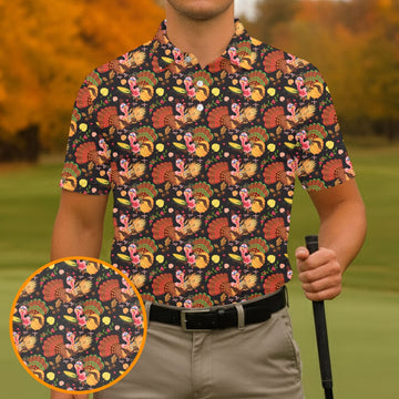 Turkey Pumpkin Thanksgiving Holiday Black And Brown Polo ShirtFor Men, Golf Gift For Men