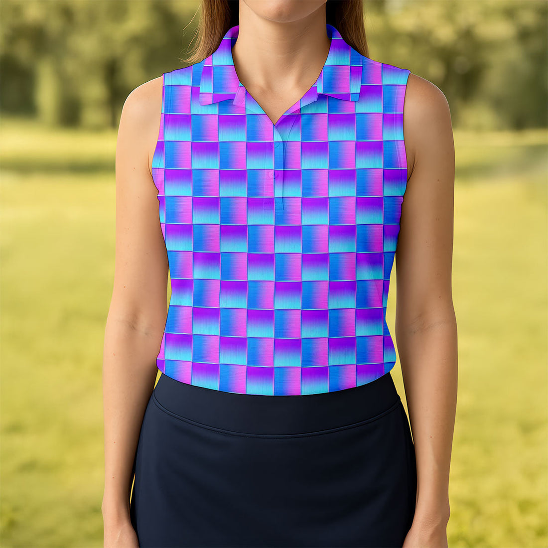 Purple Blue Gradient Checkered Pattern Golf Shirt, Ladies Golf Shirts, Women’s Golf Apparel, Printed Golf Shirt