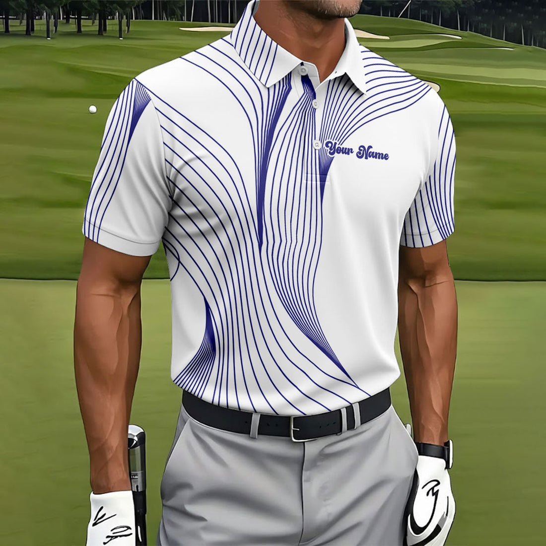 Geometric Line Wavy Line Purple And White Custom Name Golf Shirts For Men, Men's Golf Shirt, Polo ShirtFor Men