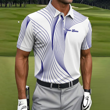 Geometric Line Wavy Line Purple And White Custom Name Golf Shirts For Men, Men's Golf Shirt, Polo ShirtFor Men
