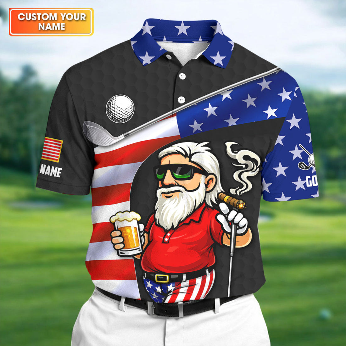 Golf And Beer Patriotic Man Golf Ball Pattern 4th Of July Black Golf Shirt, 250th Anniversary Golf Shirts For Men