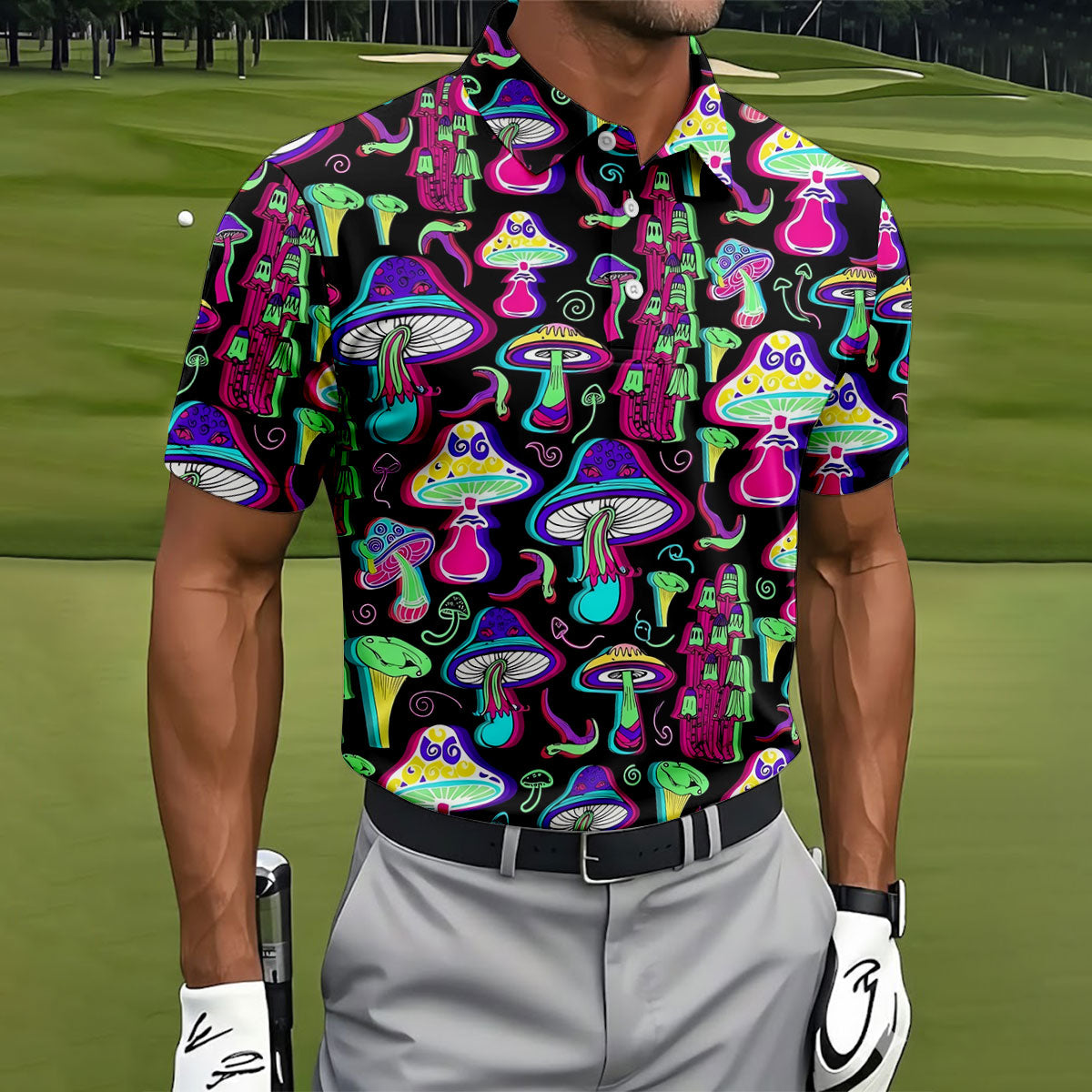 Black Neon Mushroom Pattern Golf Shirt, Mens Golf Polo, Golf Apparel For Men, Printed Golf Shirts