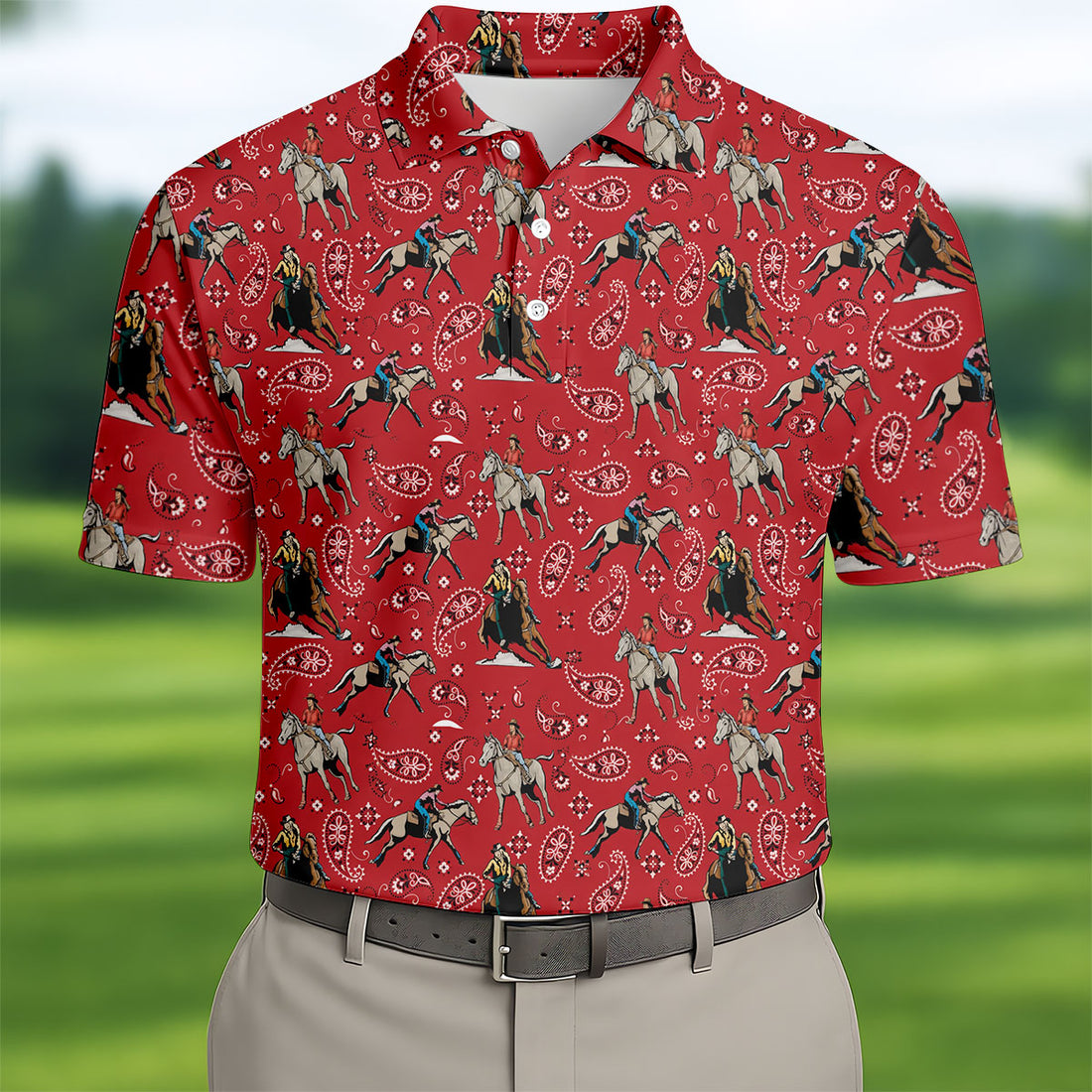 Red Cowboy Horse Paisley Pattern Golf Shirt, Mens Golf Polo, Golf Shirts For Men