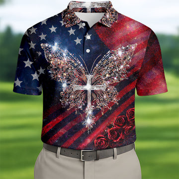 Faith Cross Shimmering Butterfly 250th Anniversary Golf Tops For Men, Patriotic 4th Of July Golf Shirts For Men