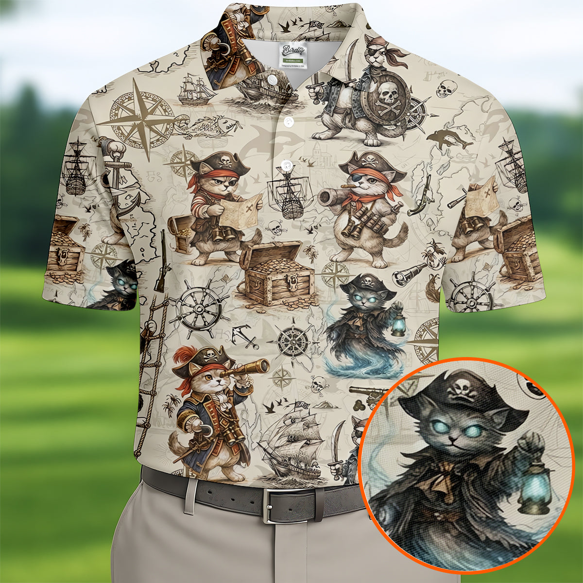 Vintage Pirate Cat Treasure Map Adventure Golf Shirt, Mens Polo Shirt, Hawaiian Golf Shirt, Golf Shirts For Men