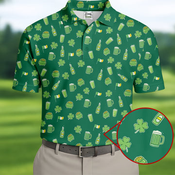 St Patrick's Day Beer Four Leaf Clovers Gold Pots Green Golf Shirt, Polo ShirtFor Men, Golf Shirts For Men