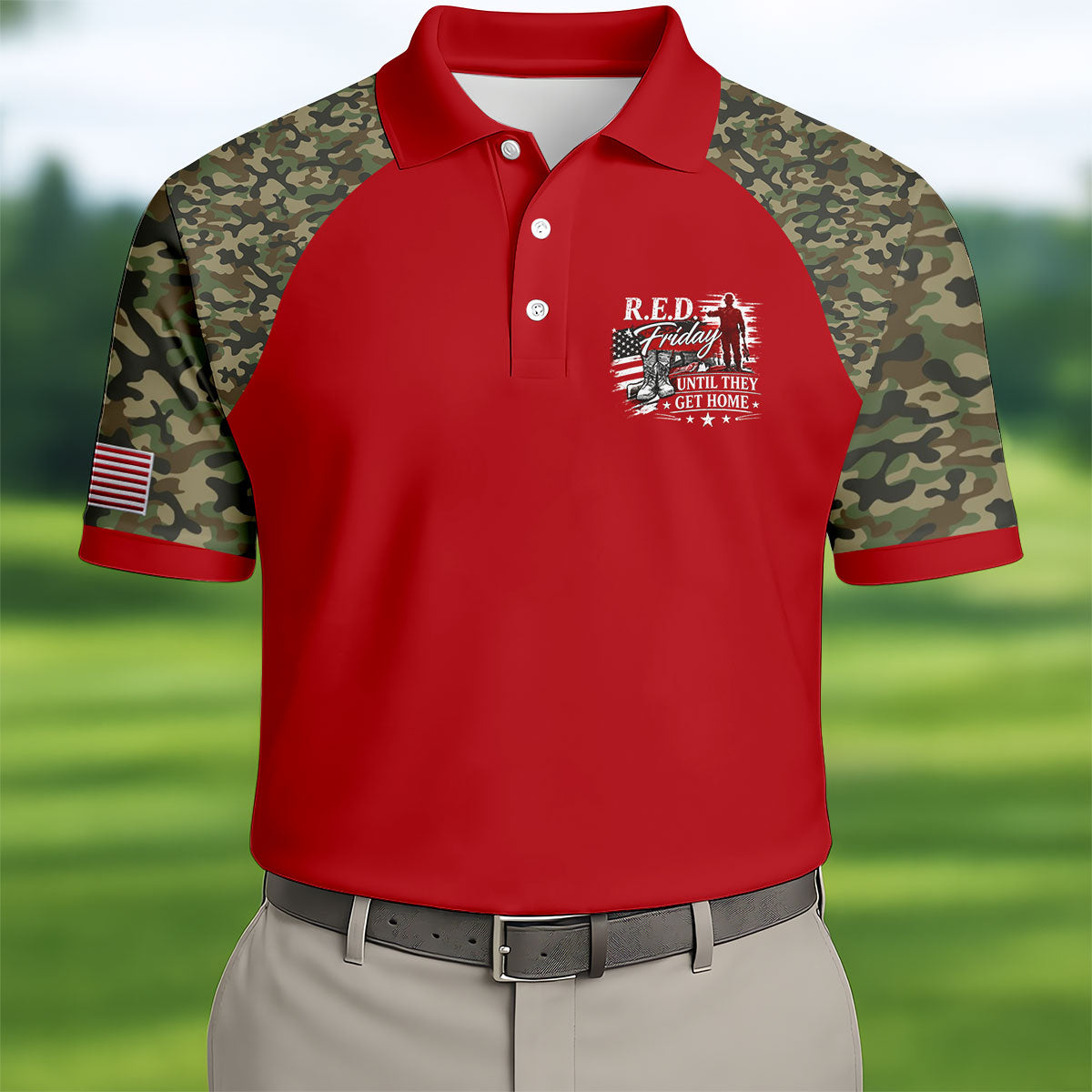 RED Friday Untill They Get Home Red Camo Golf Shirt, Veteran Memorial 250 Years Polo Shirtor Men