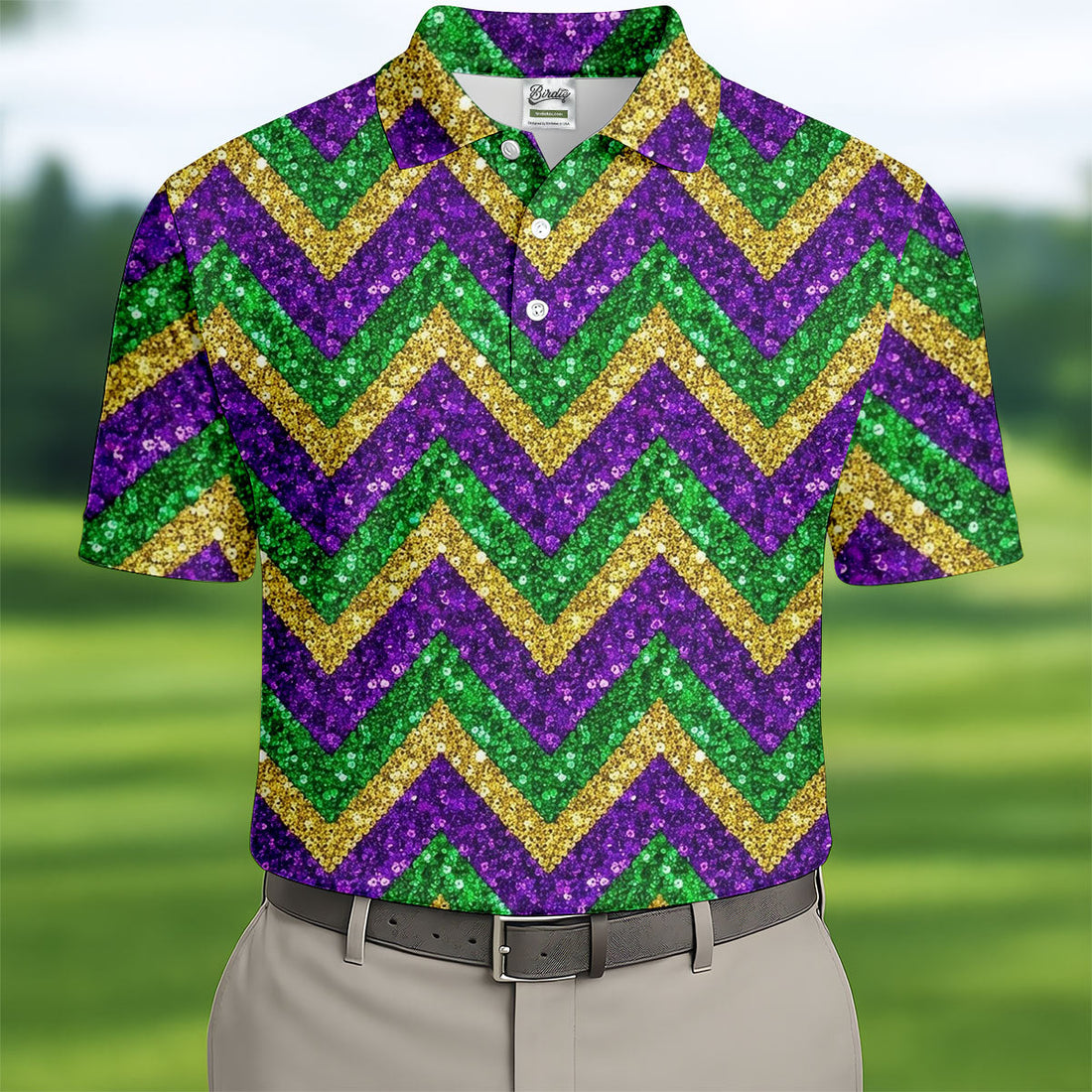 Mardi Gras Purple Gold Green Zigzag Pattern Glitter Print Golf Tops For Men, Polo ShirtFor Men, Golf Shirts For Men