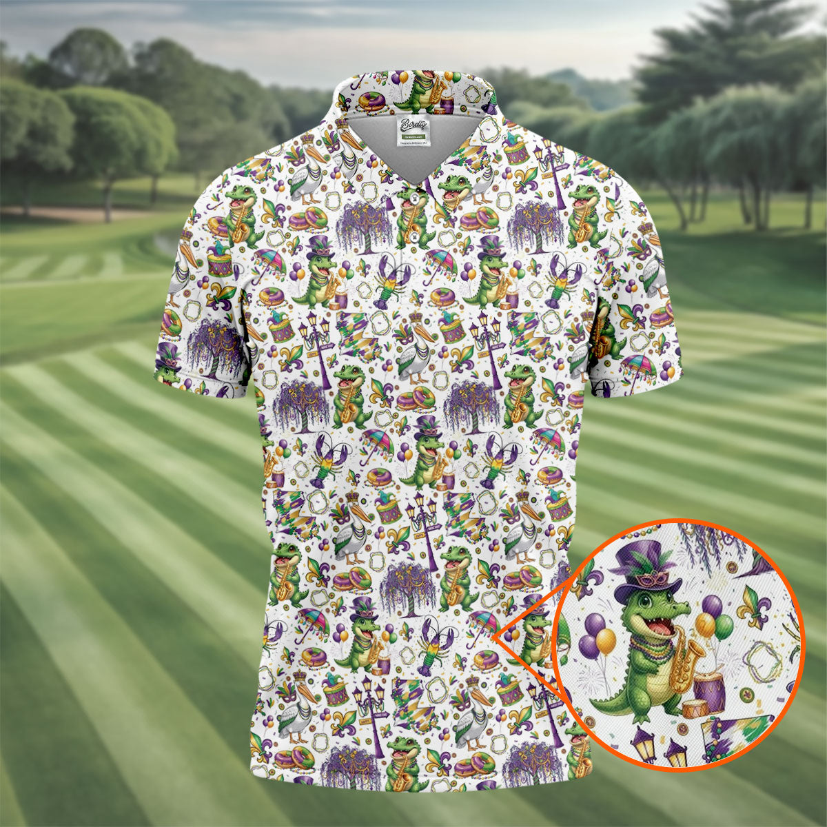 Mardi Gras Fleur De Lis Animal Band White Golf Shirt, Golf Tops For Men, Polo Shirt Men