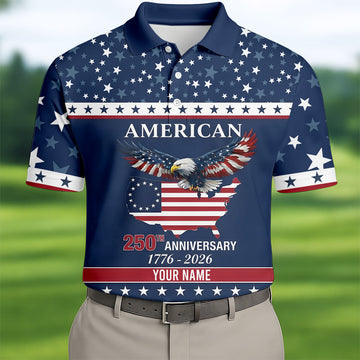 American Bald Eagle 250th Anniversary Patriotic Stars Golf Shirt, 4th Of July Golf Shirts For Men