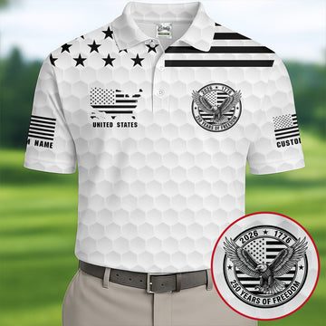 250 Years Of Freedom Golf Ball Pattern White Golf Shirt, 4th Of July Patriotic Golf Shirts For Men